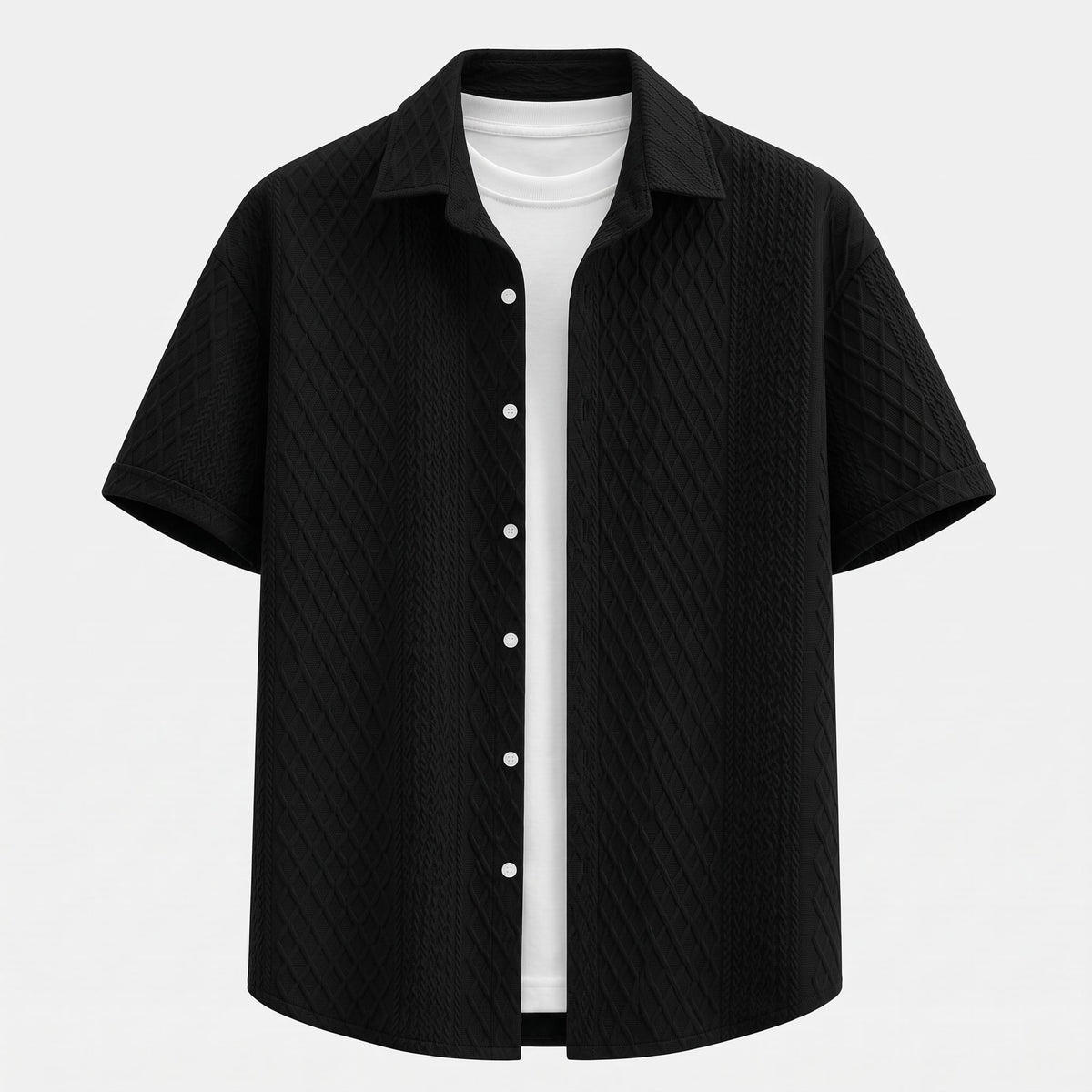 Galway Men's Cotton Jacquard Short Sleeve Shirt in Black over a white top against a pale background