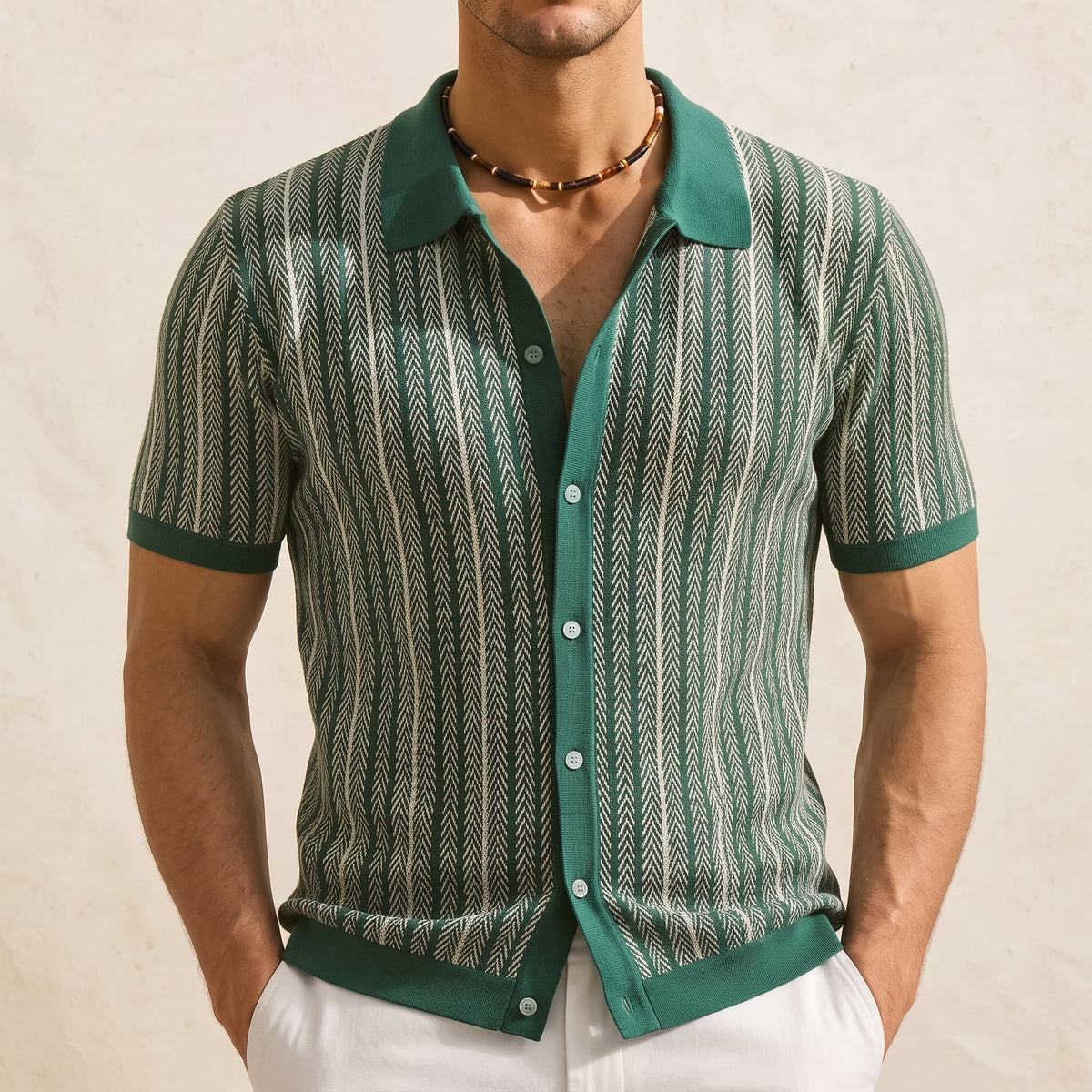 Harlow Men's Striped Polo Shirt in Green against a beige studio wall