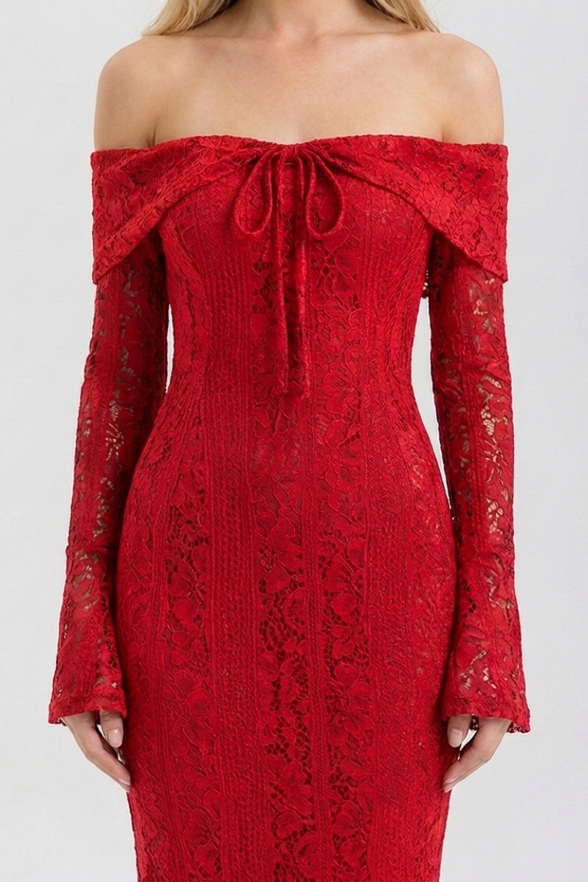 Odette Off Shoulder Lace Maxi Dress in red