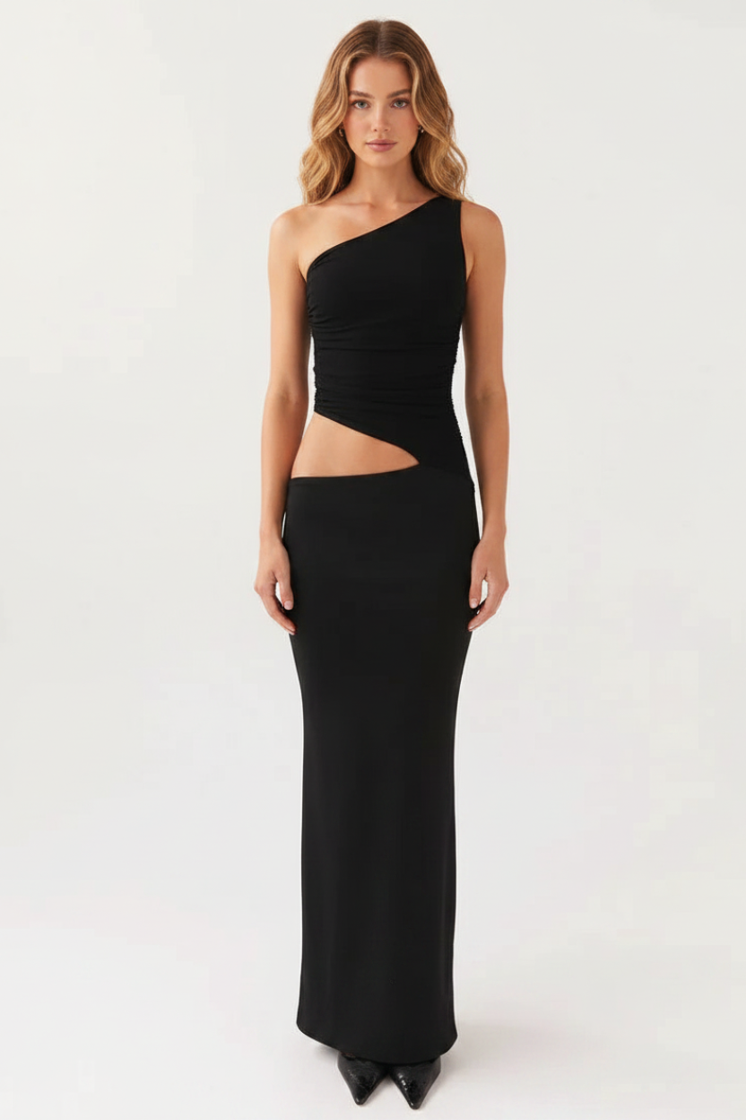 Alessia Asymmetric Cutout Maxi Dress in black