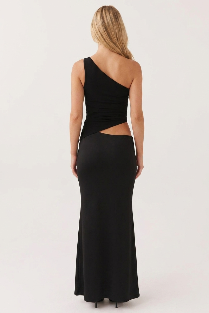 Alessia Asymmetric Cutout Maxi Dress in black