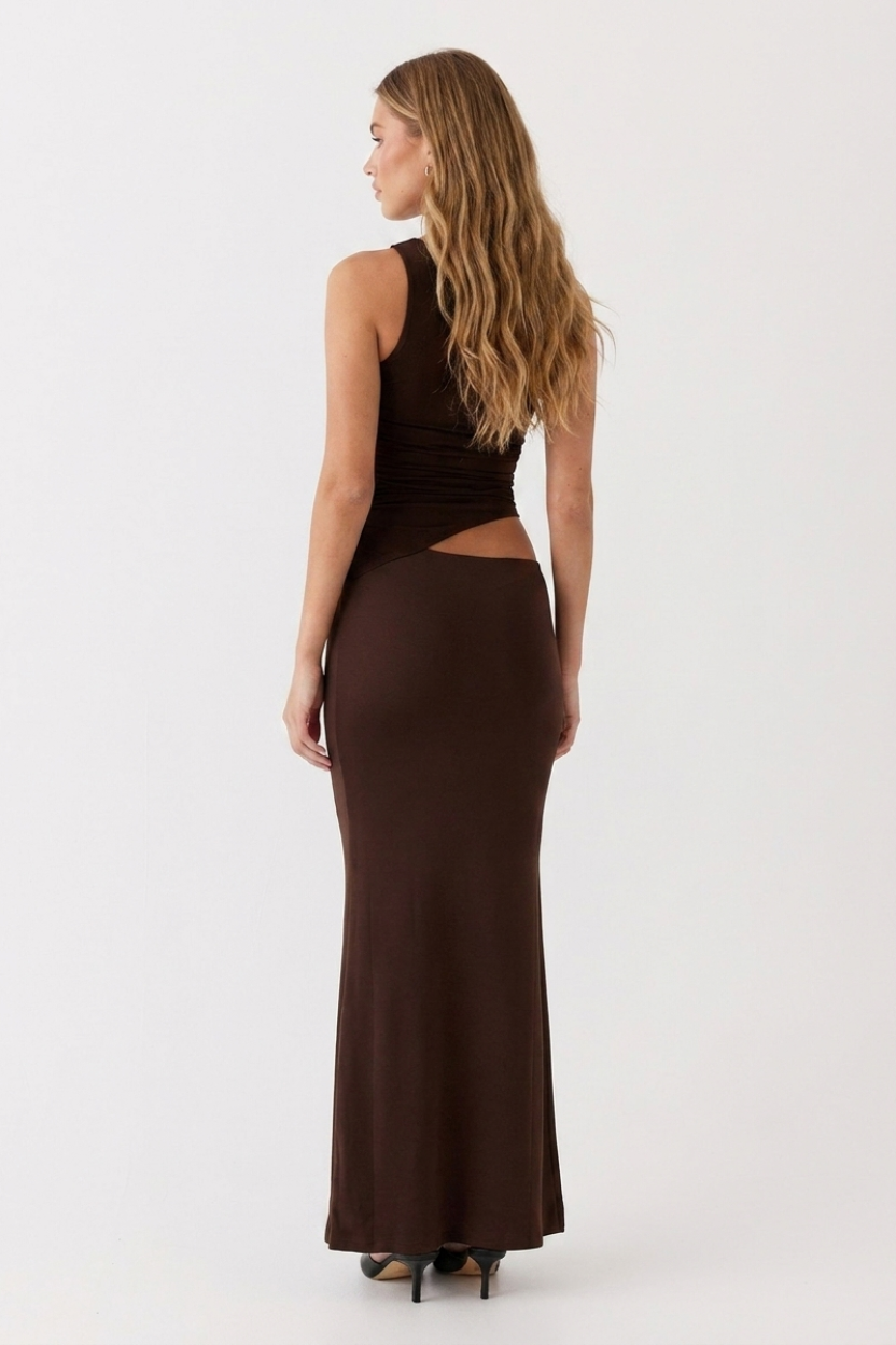 Alessia Asymmetric Cutout Maxi Dress in brown