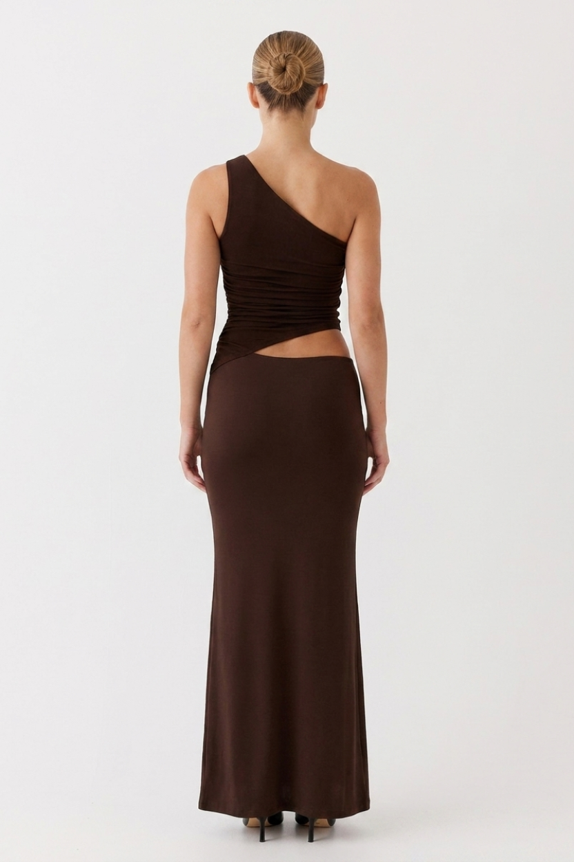 Alessia Asymmetric Cutout Maxi Dress in brown
