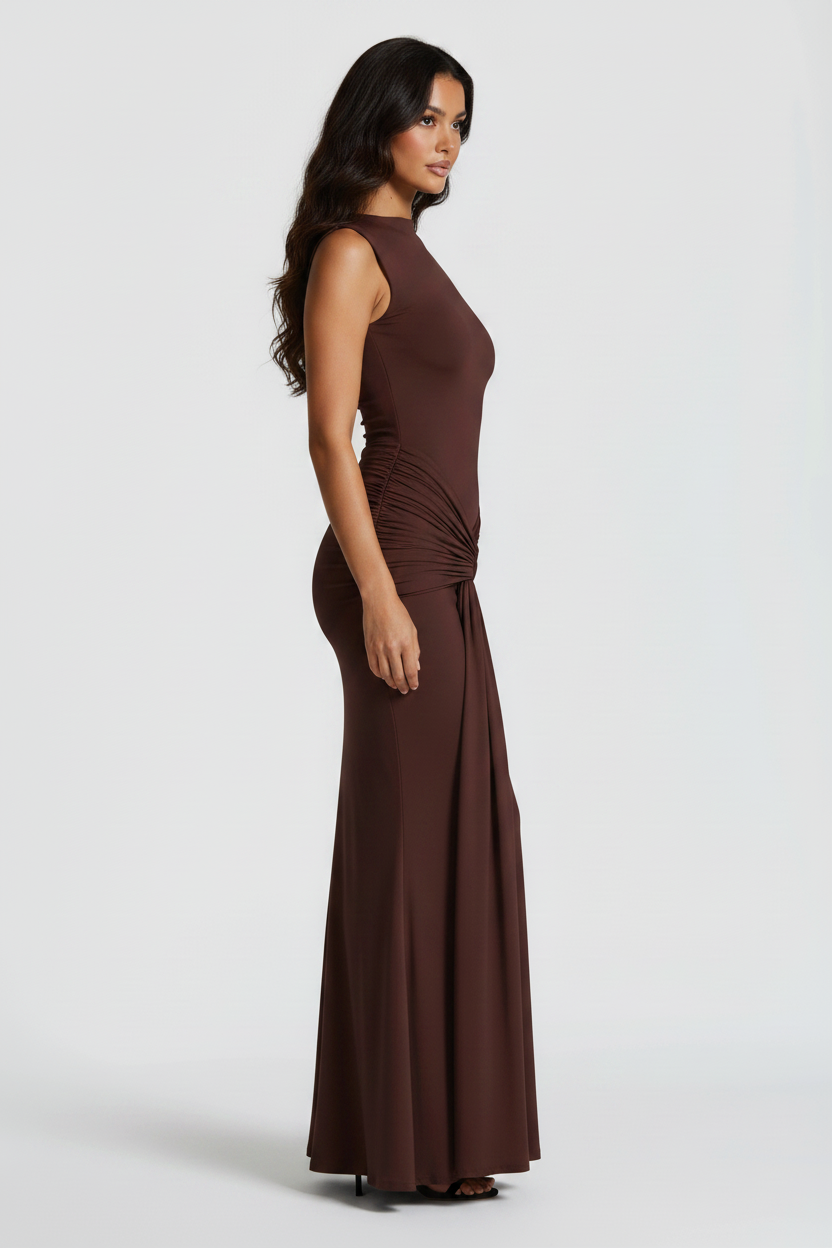 Aurelia High Neck Maxi Dress in plum brown