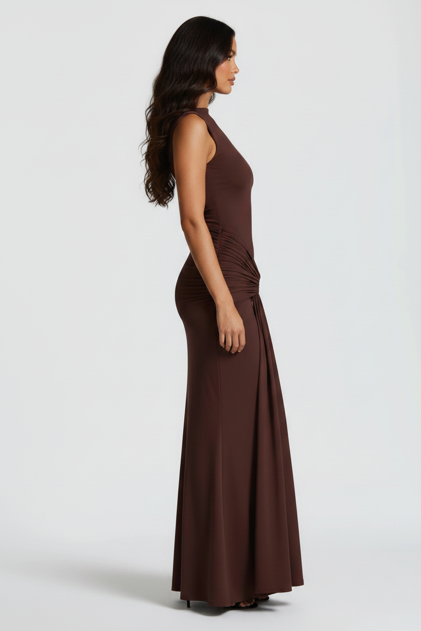 Aurelia High Neck Maxi Dress in plum brown