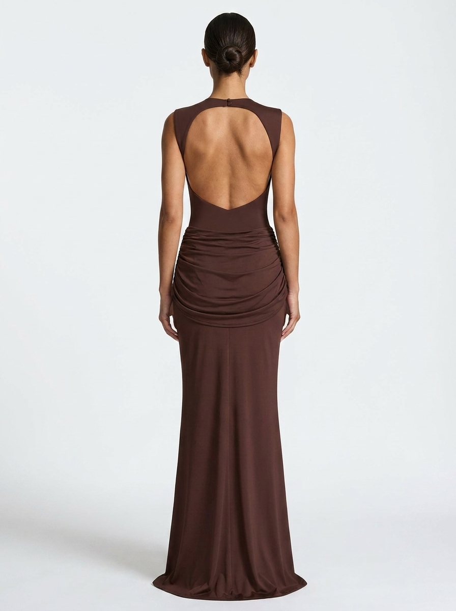 Aurelia High Neck Maxi Dress in plum brown