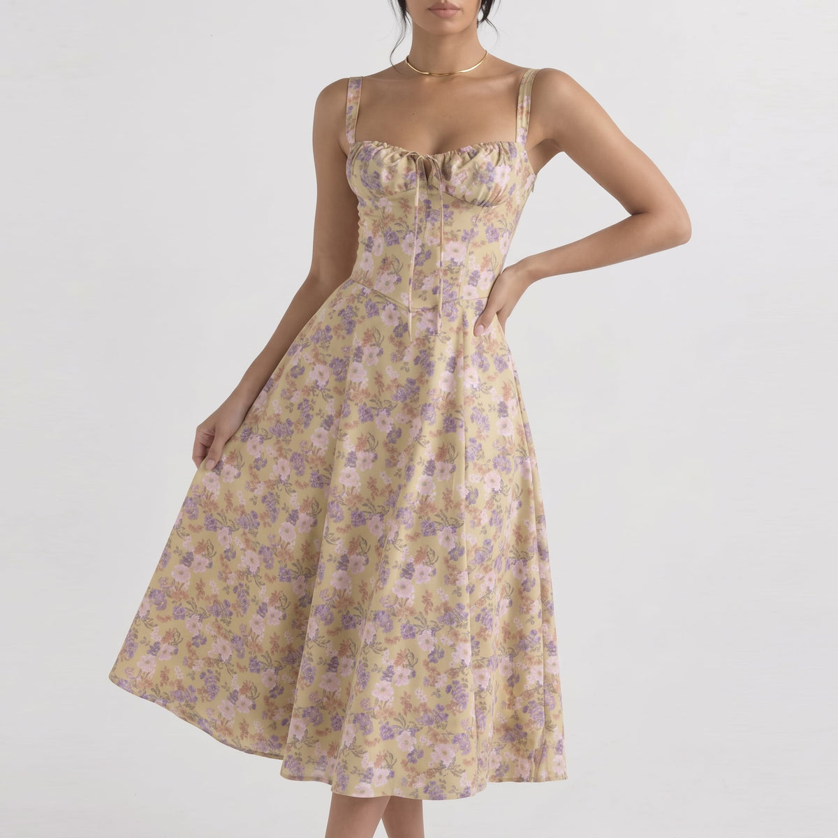 Elodie Floral Midi Dress in Meadow in a softly lit grey studio