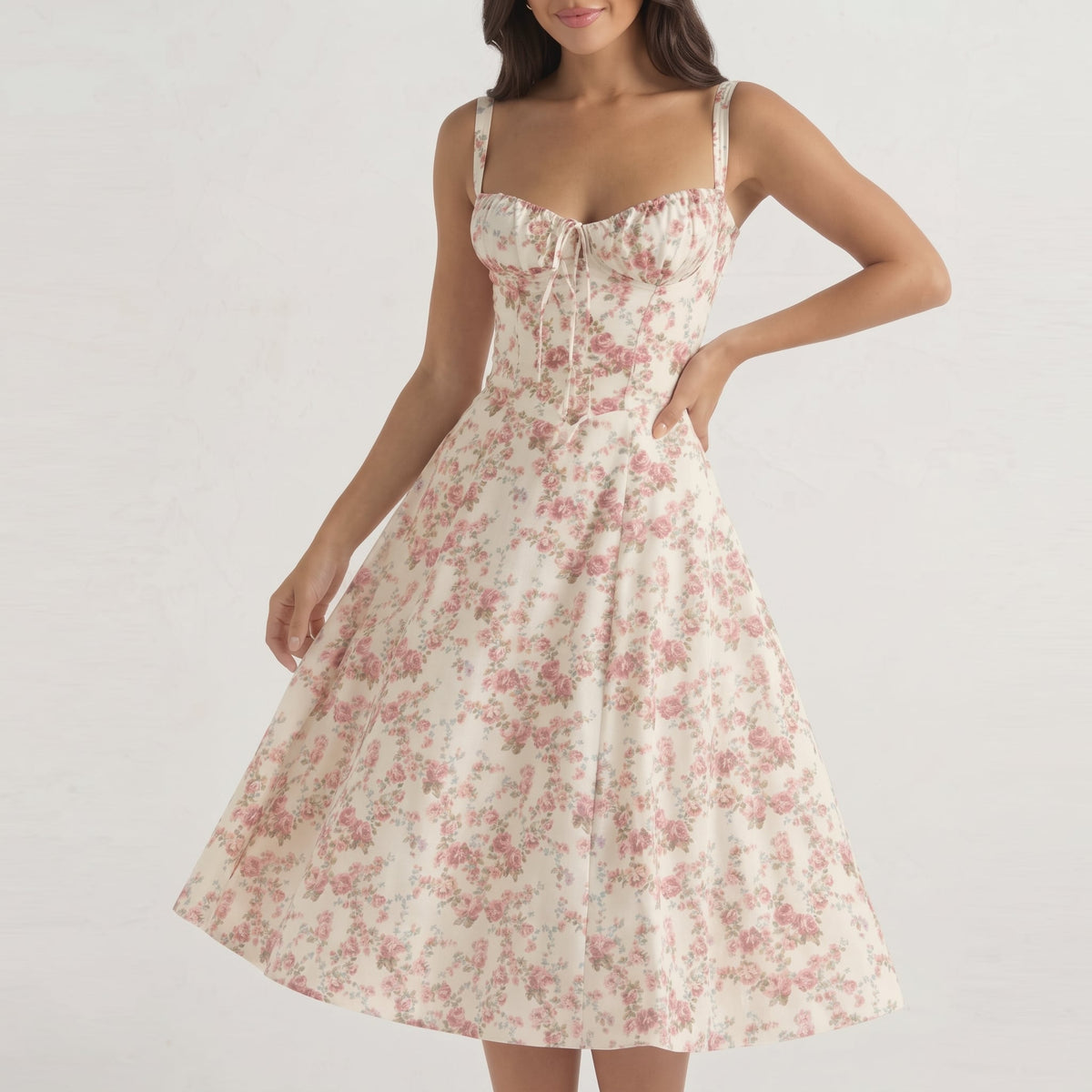 Elodie Floral Midi Dress in Rosé in a softly lit grey studio