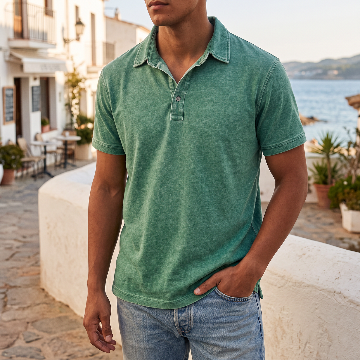 Callum Men's Denim-Wash Cotton Polo Shirt in green on a beachside town terrace