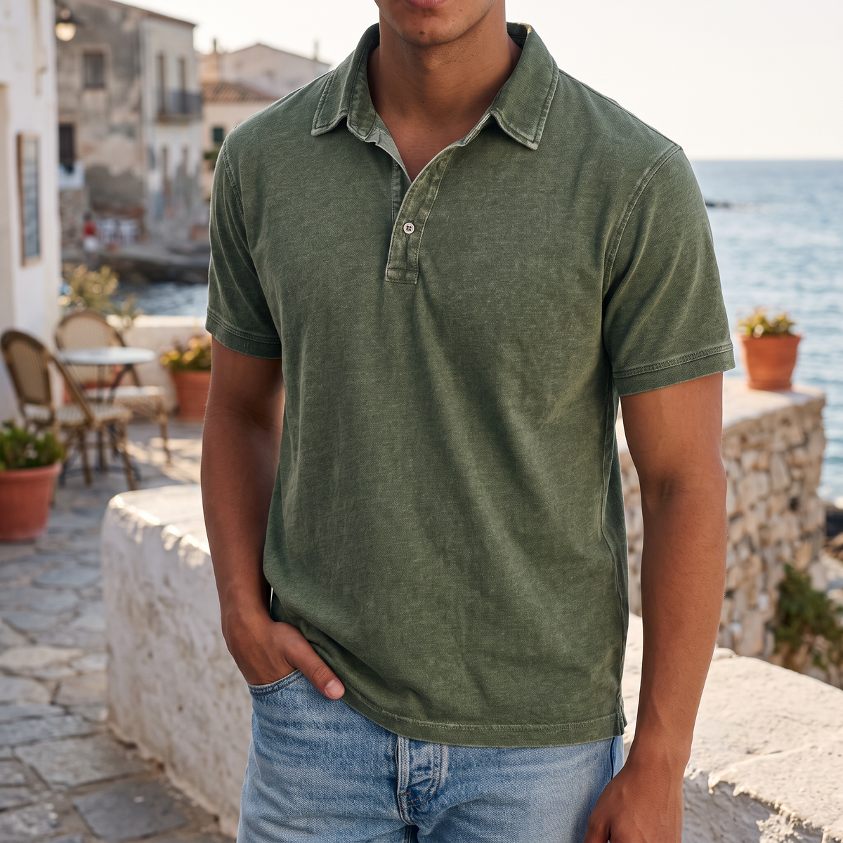 Callum Men's Denim-Wash Cotton Polo Shirt in military green on a beachside town terrace