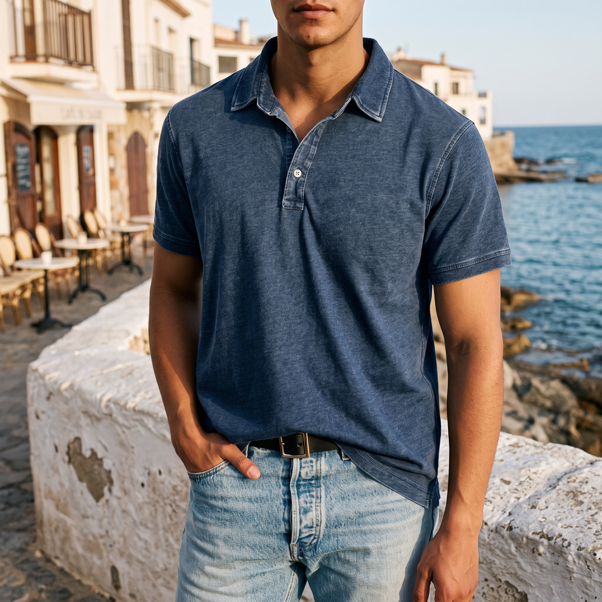Callum Men's Denim-Wash Cotton Polo Shirt in navy on a beachside town terrace