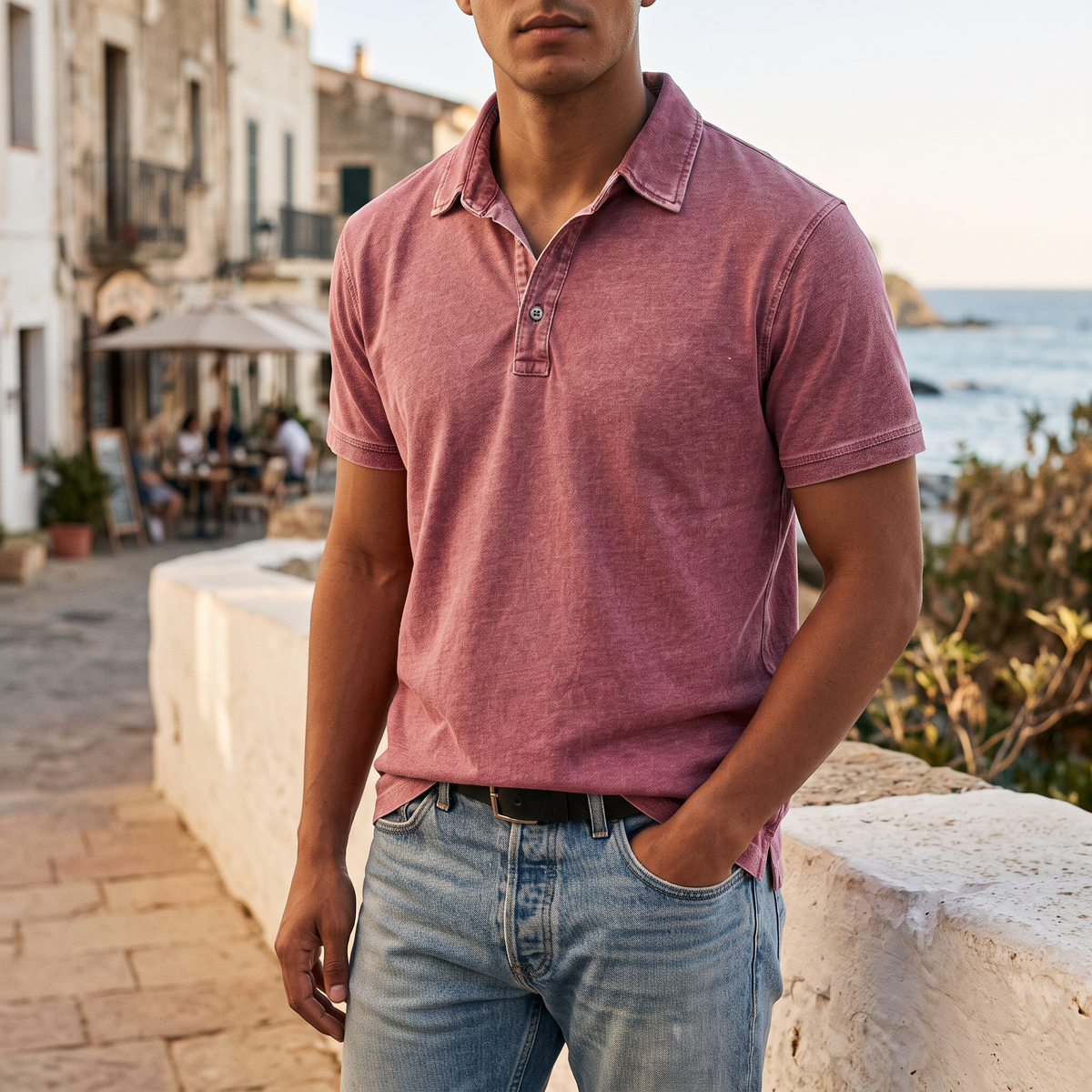 Callum Men's Denim-Wash Cotton Polo Shirt in pink on a beachside town terrace