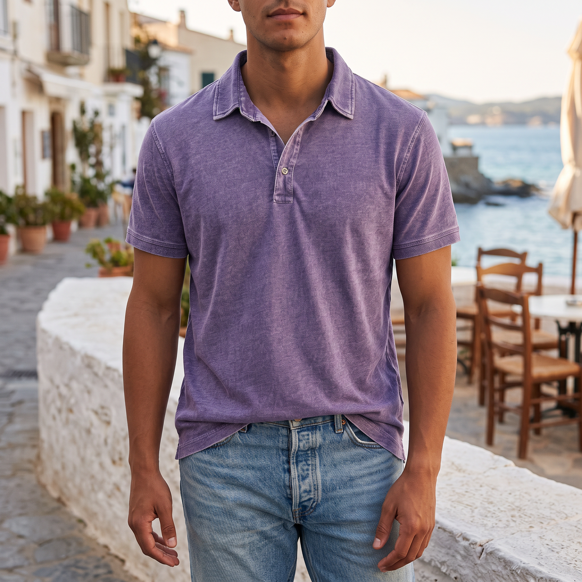 Callum Men's Denim-Wash Cotton Polo Shirt in purple on a beachside town terrace