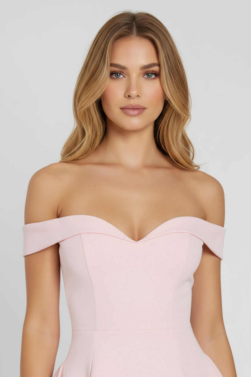 Celeste Off Shoulder Mini Dress in baby pink