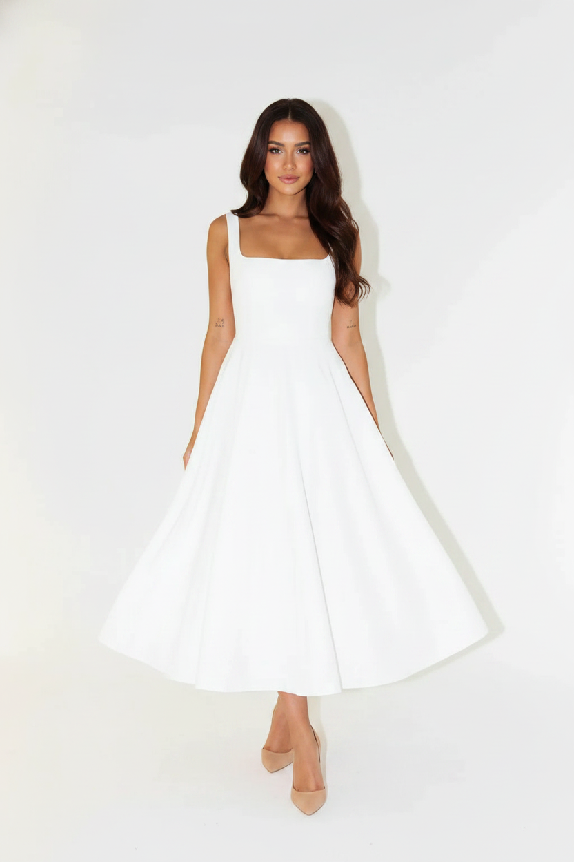 Clara Square Neck Midi Dress in white