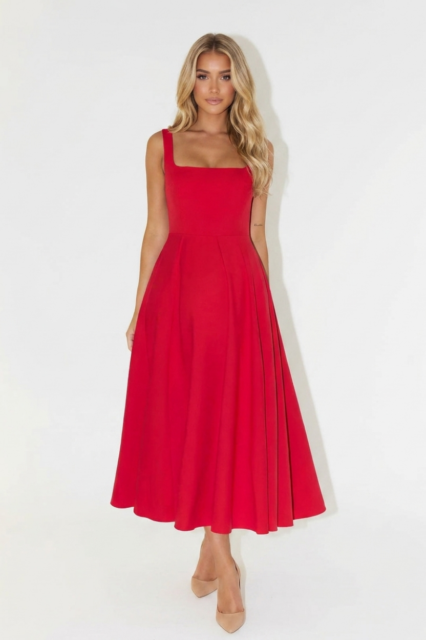 Clara Square Neck Midi Dress in red