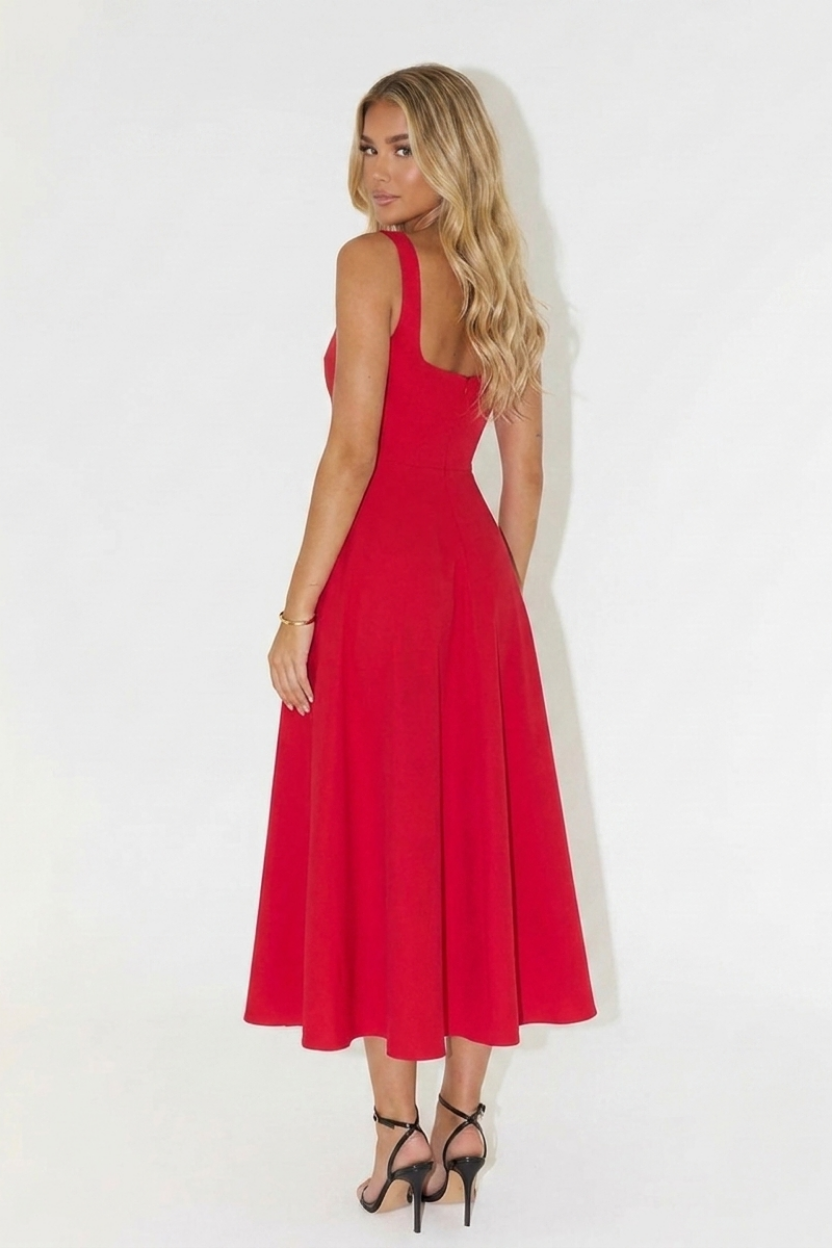 Clara Square Neck Midi Dress in red