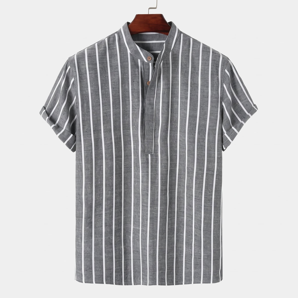 Colton Men's Linen Striped Short-Sleeve Shirt in Black on a wooden hanger against a pale wall