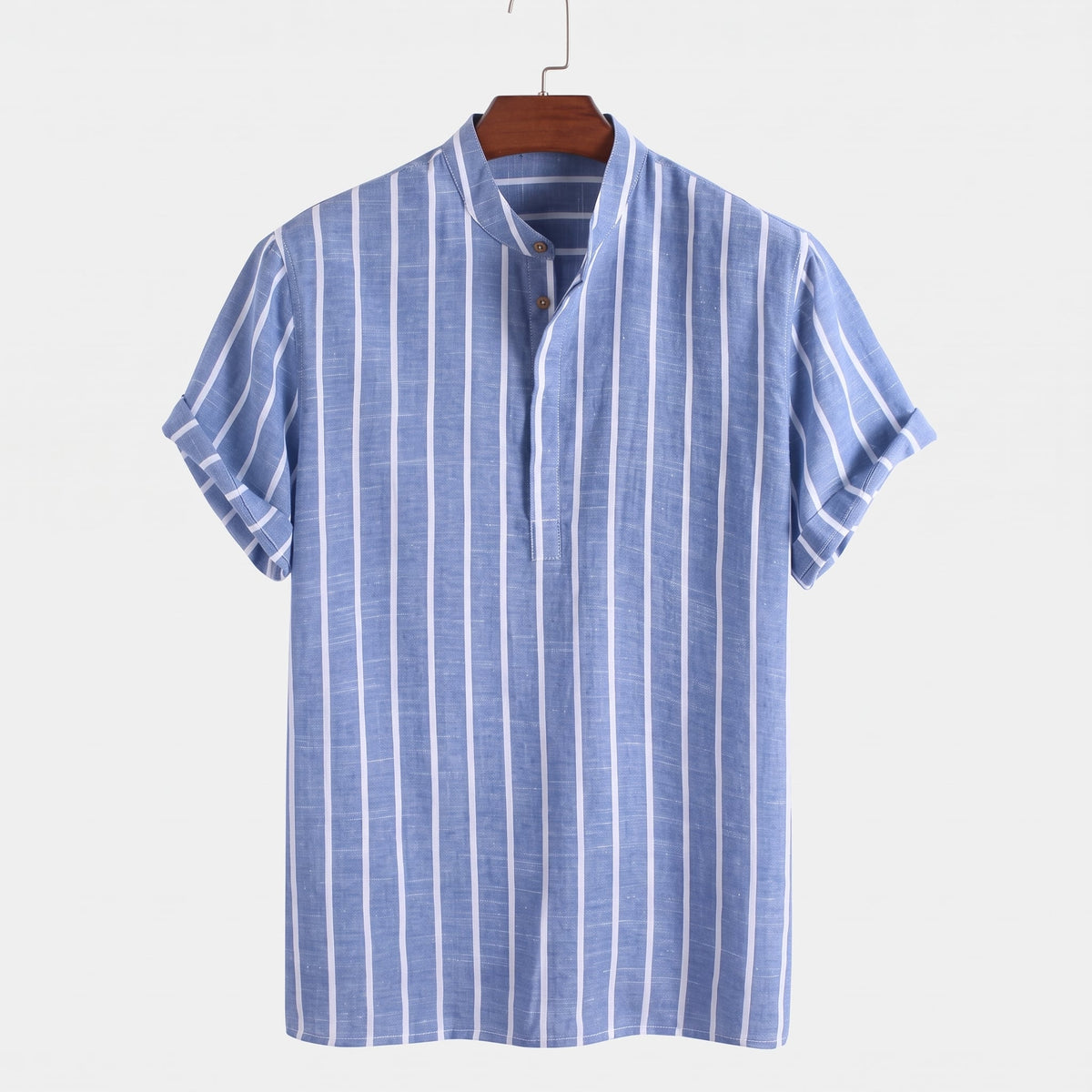Colton Men's Linen Striped Short-Sleeve Shirt displayed on a wooden hanger against a pale wall