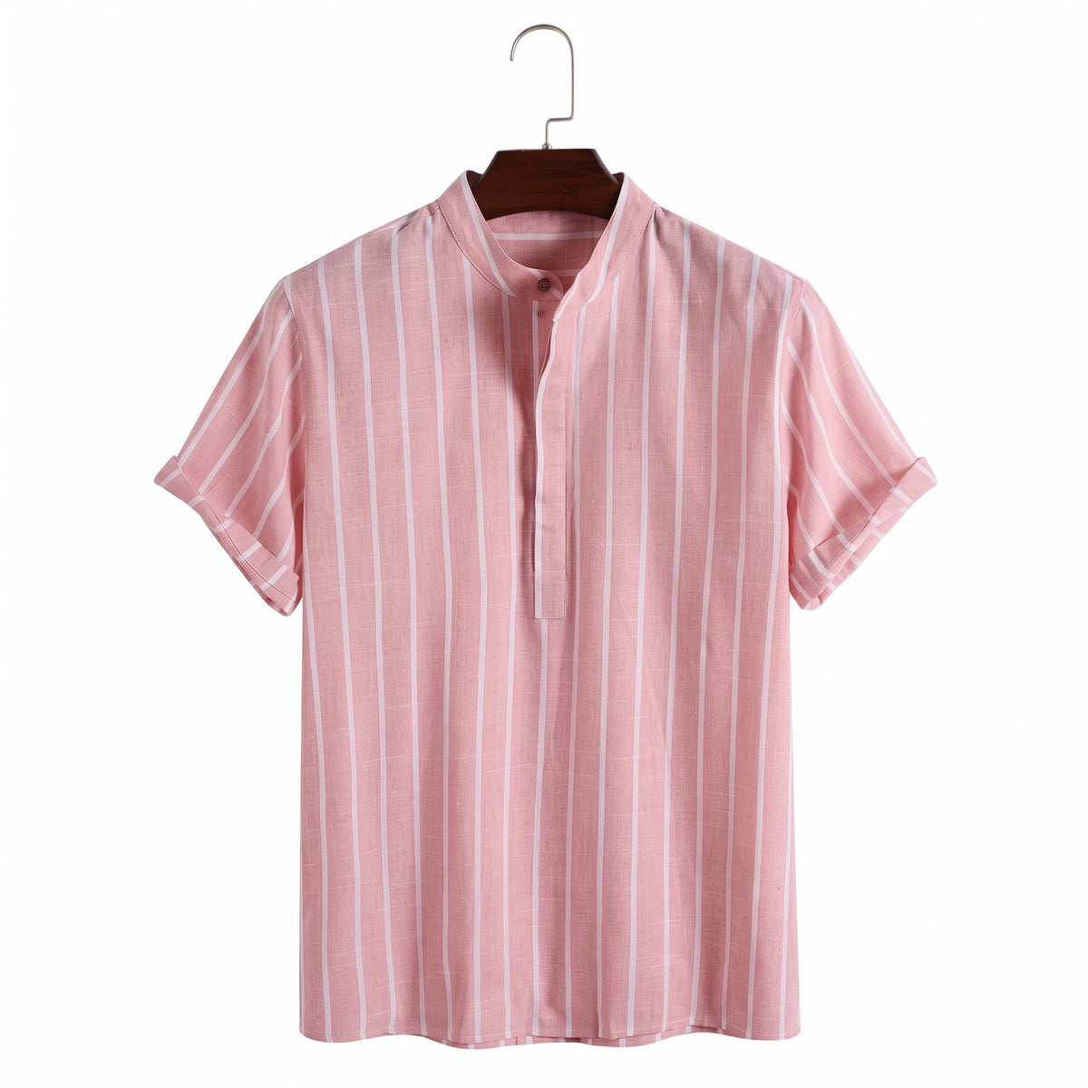 Colton Men's Linen Striped Short-Sleeve Shirt in Pink on a wooden hanger against a pale wall