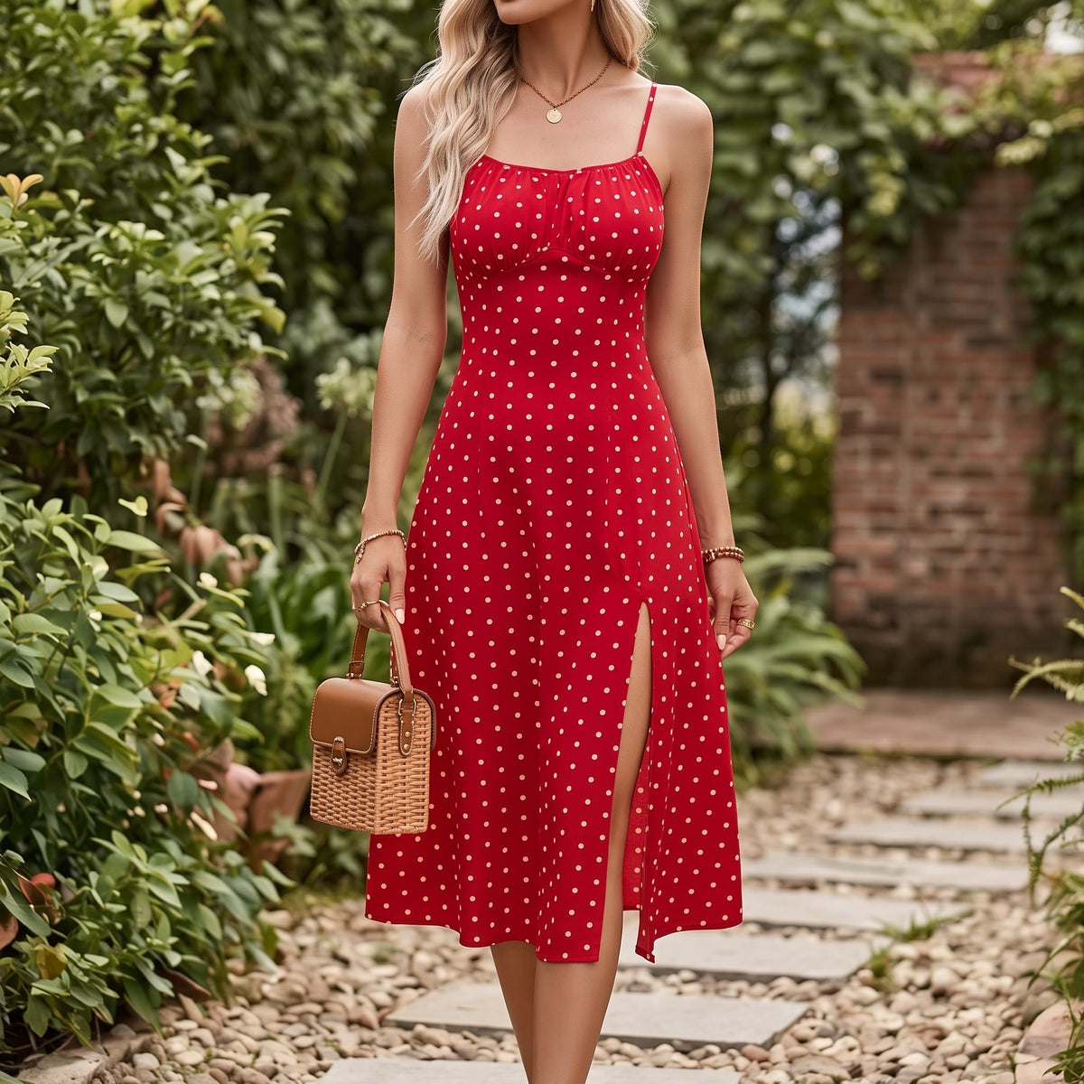 Dahlia Floral Spaghetti Strap Midi Dress in Red in a sunlit garden setting
