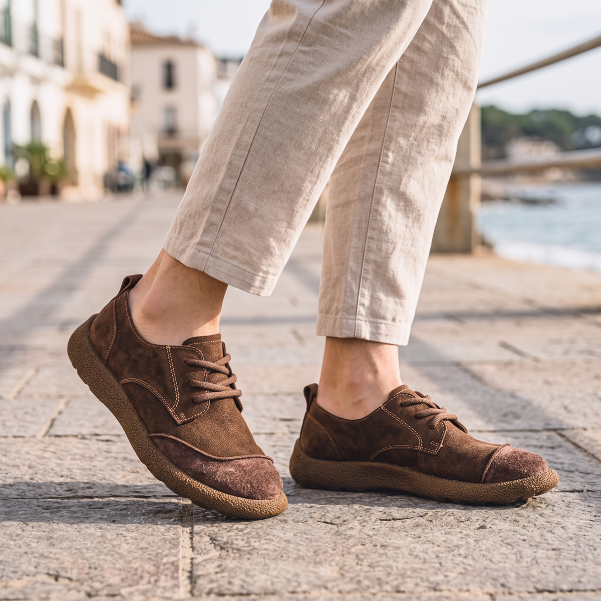 Emmett Men's Lace-Up Casual Shoes in brown on a beachside town promenade