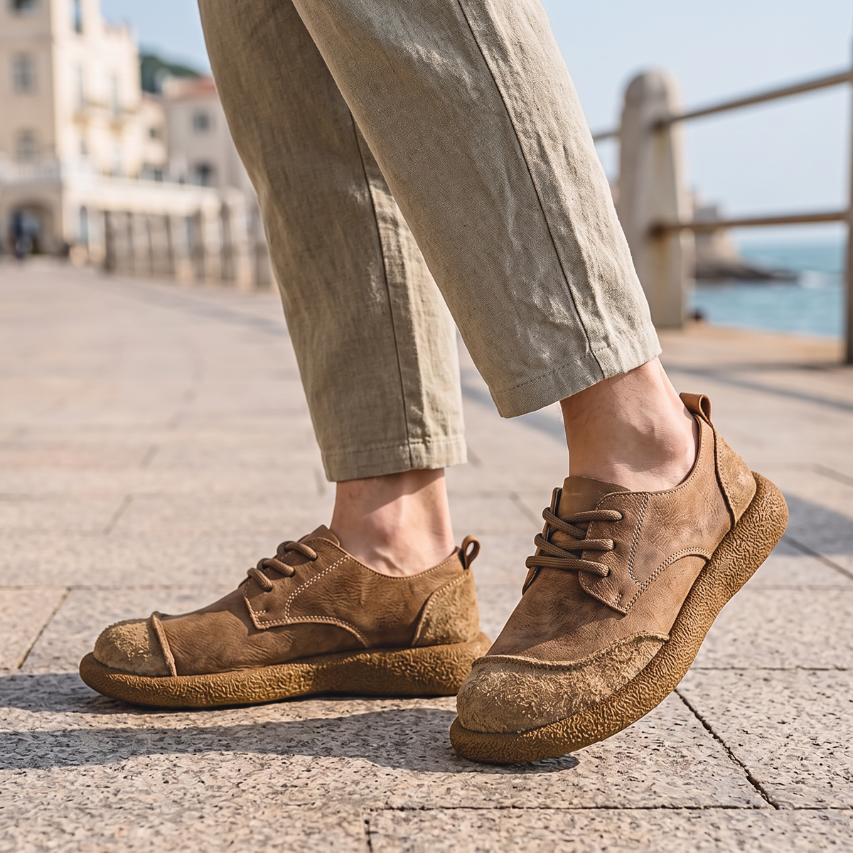 Emmett Men's Lace-Up Casual Shoes in khaki on a beachside town promenade
