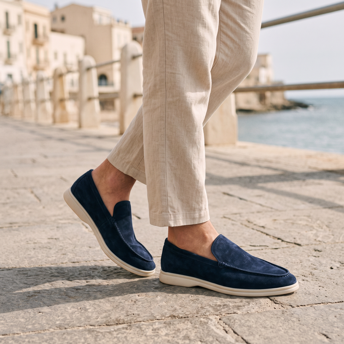 Everett Men's Slip-On Loafers in dark blue on a beachside town promenade