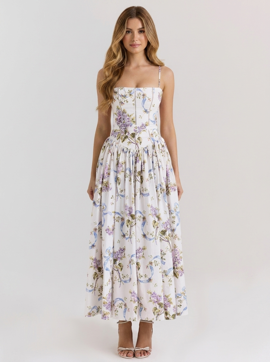 Florence Square Neck Maxi Dress in rose print