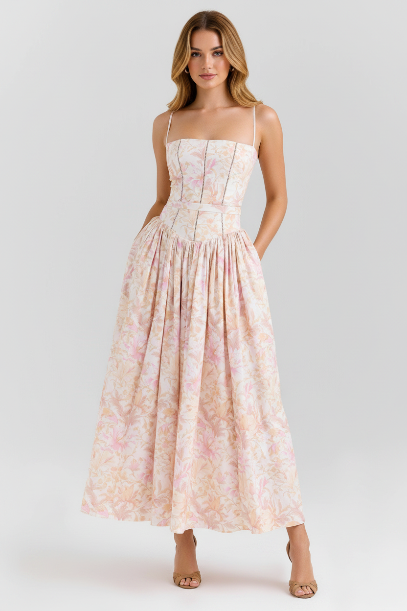 Florence Square Neck Maxi Dress in peach floral print