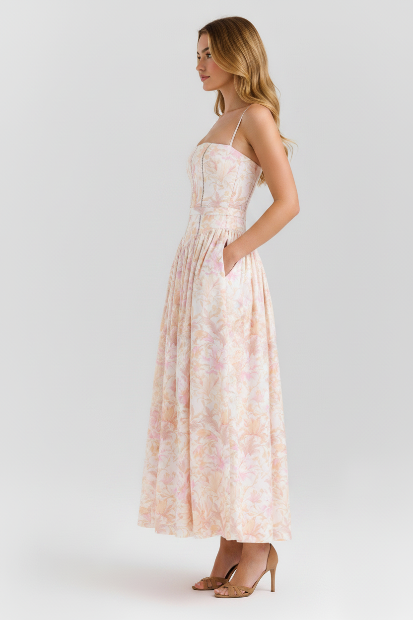 Florence Square Neck Maxi Dress in peach floral print