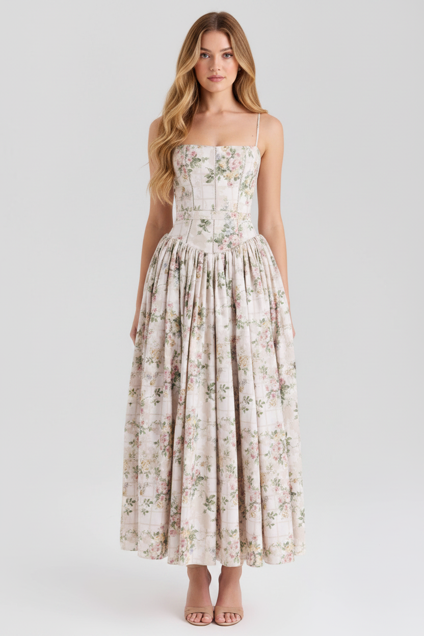 Florence Square Neck Maxi Dress in cream floral print