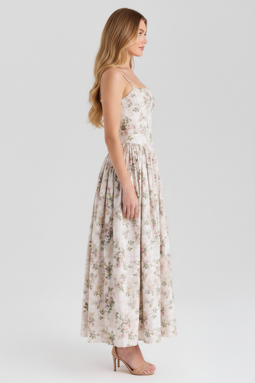 Florence Square Neck Maxi Dress in cream floral print
