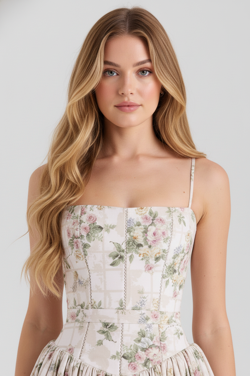 Florence Square Neck Maxi Dress in cream floral print