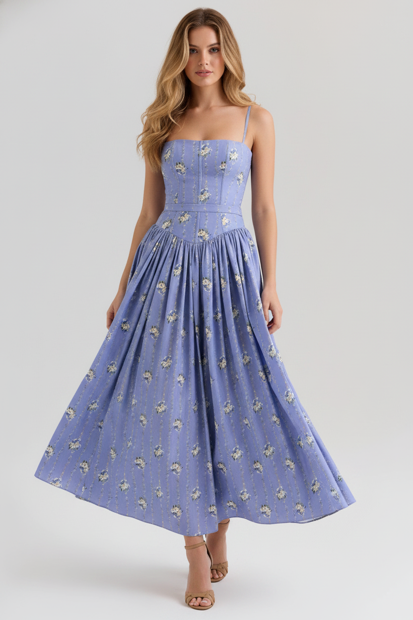 Florence Square Neck Maxi Dress in blue daisy print
