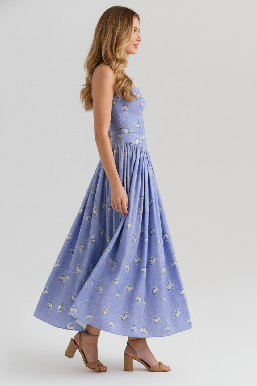 Florence Square Neck Maxi Dress in blue daisy print