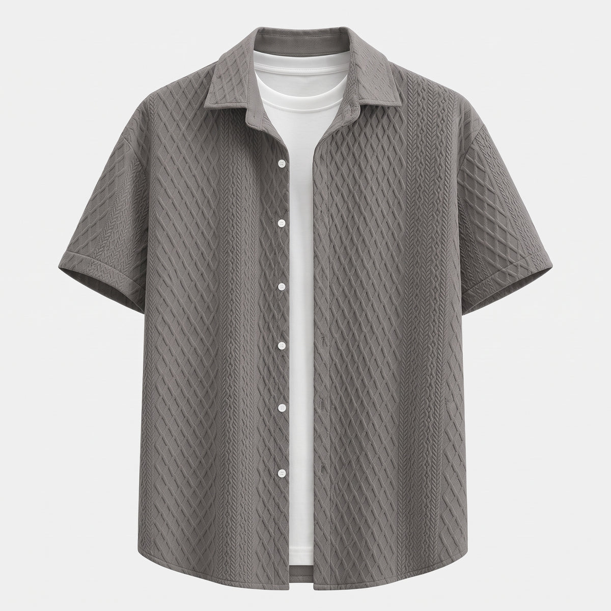 Galway Men's Cotton Jacquard Short Sleeve Shirt in Gray over a white top against a pale background