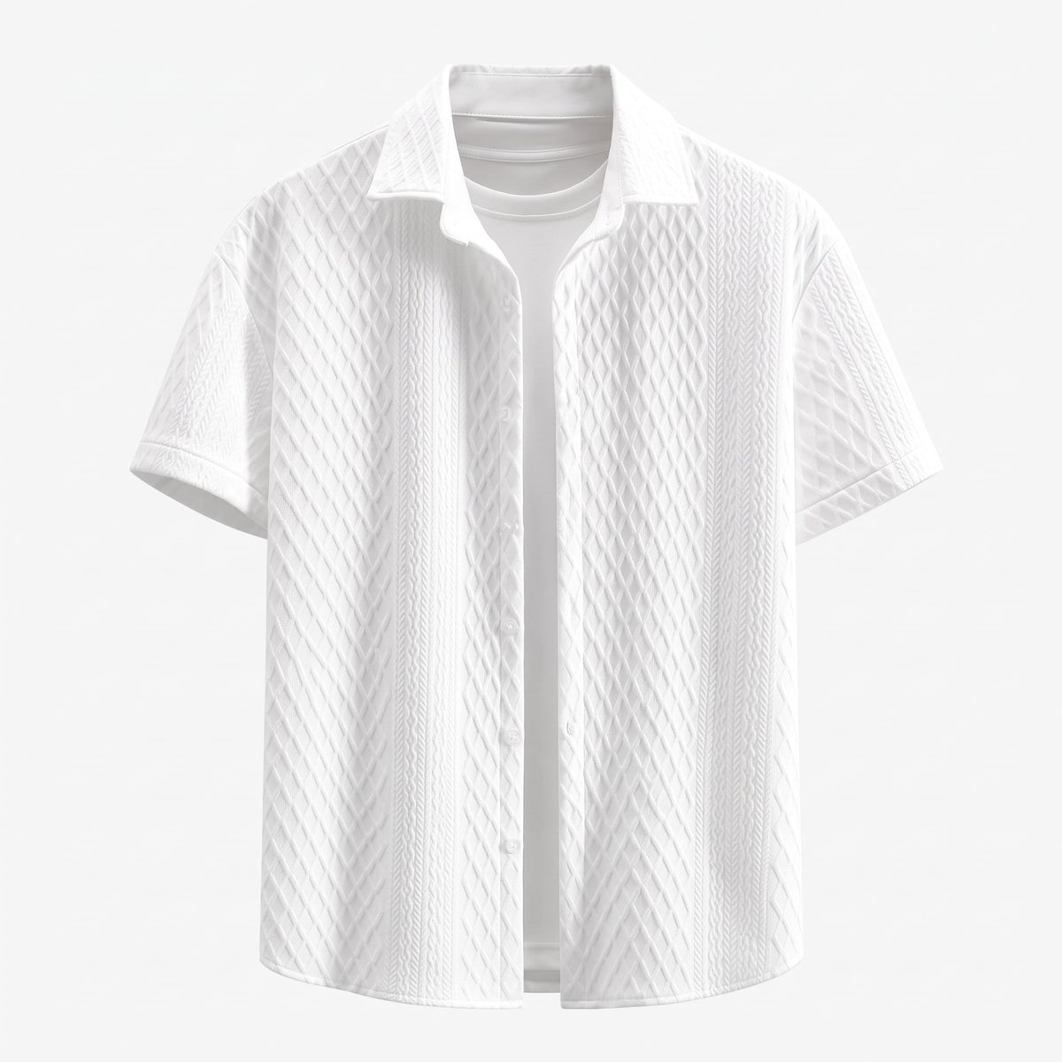 Galway Men's Cotton Jacquard Short Sleeve Shirt in White over a white top against a pale background