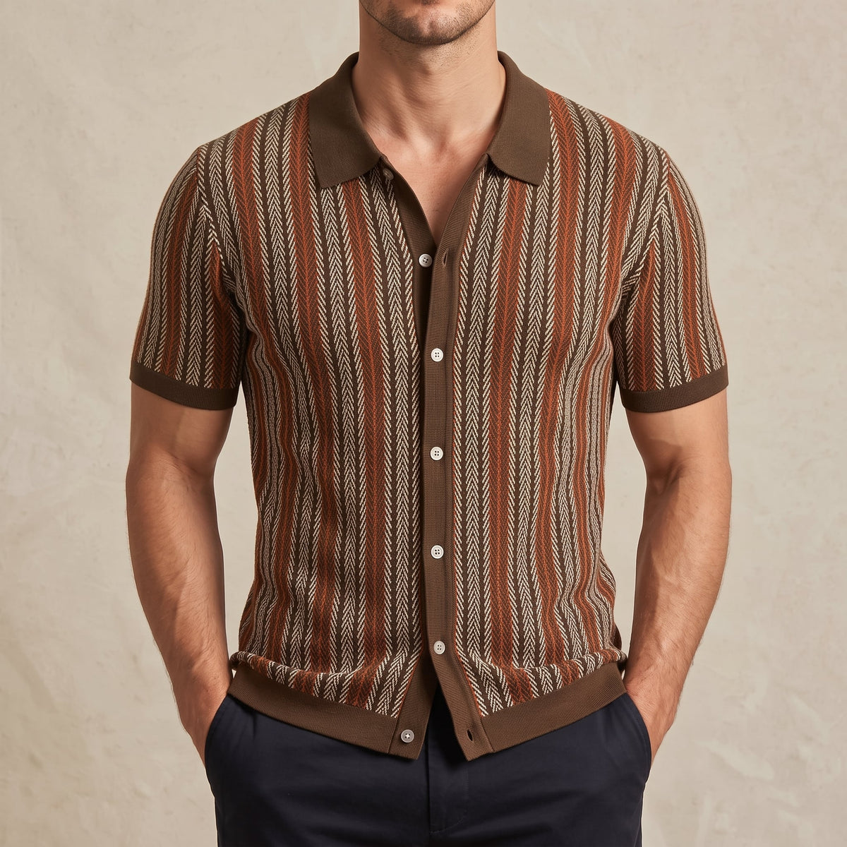 Harlow Men's Striped Polo Shirt in Brown against a beige studio wall