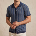 Harlow Men's Striped Polo Shirt worn by a model against a beige studio wall