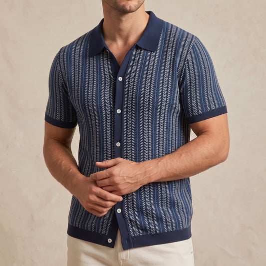 Harlow Men's Striped Polo Shirt worn by a model against a beige studio wall