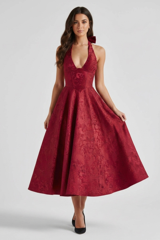 Isadora Halter Midi Dress in burgundy