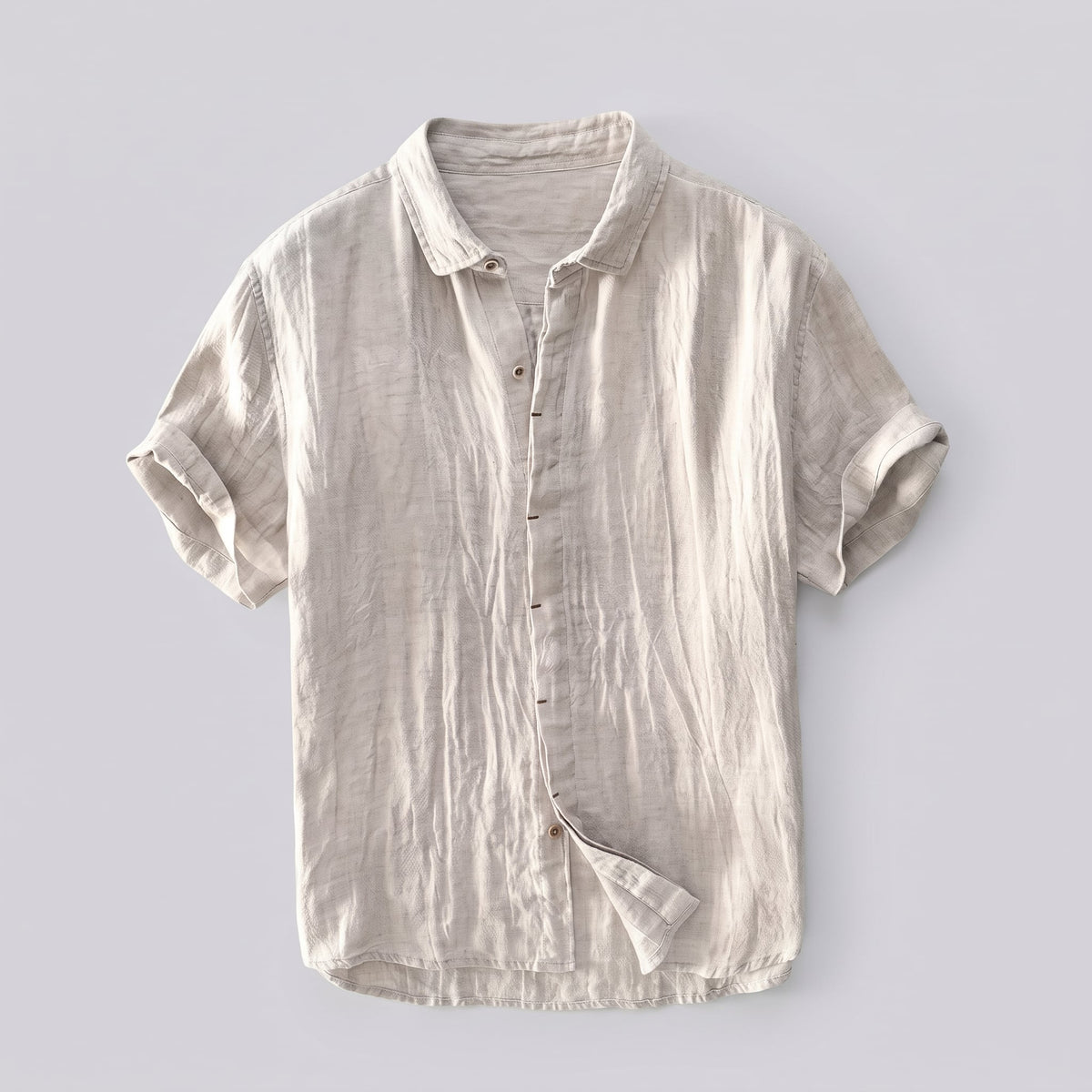 Kelso Men's Linen Button Up Shirt in Khaki against a pale grey background