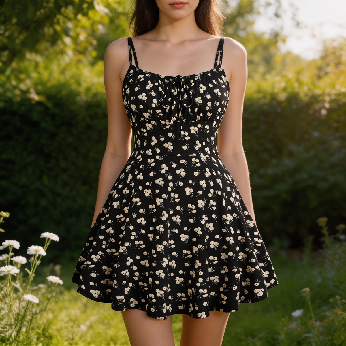 Larkspur Floral Mini Sundress in Black in a sunlit leafy garden
