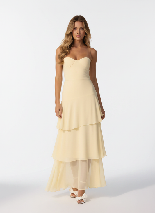 Lilia Tiered Ruffle Maxi Dress in pastel yellow