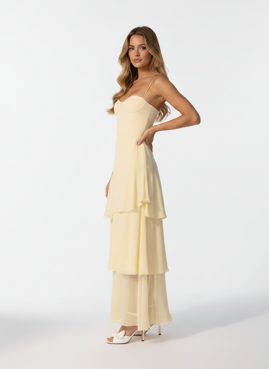Lilia Tiered Ruffle Maxi Dress in pastel yellow
