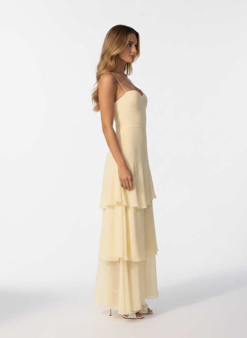 Lilia Tiered Ruffle Maxi Dress in pastel yellow