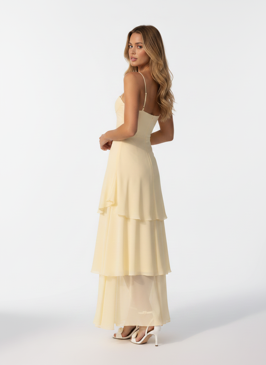 Lilia Tiered Ruffle Maxi Dress in pastel yellow