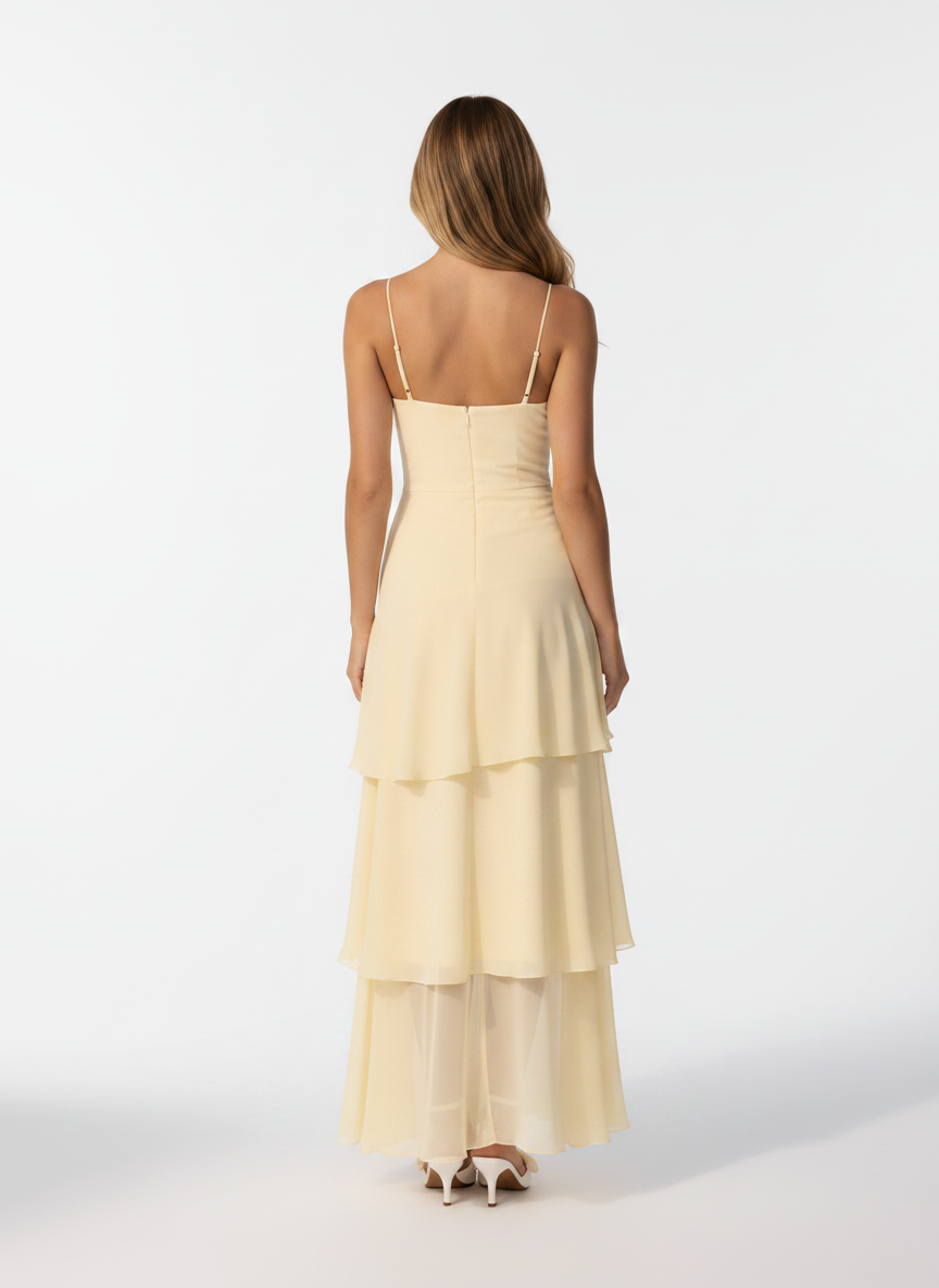 Lilia Tiered Ruffle Maxi Dress in pastel yellow