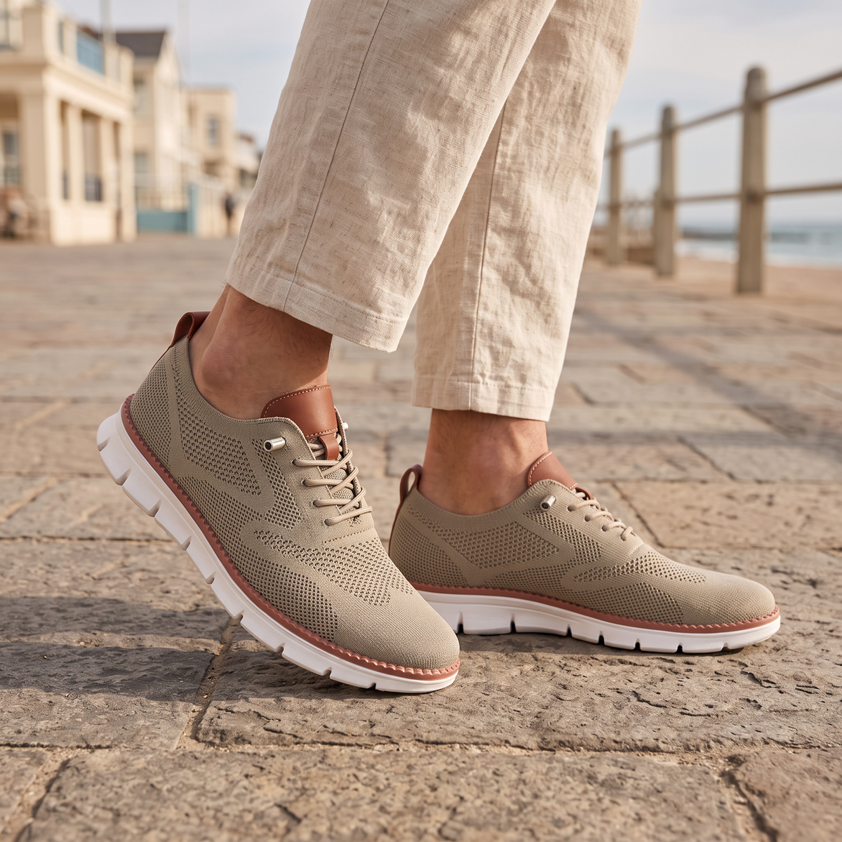 Maddox Men's Lace-Up Casual Sneakers in beige on a beachside town promenade